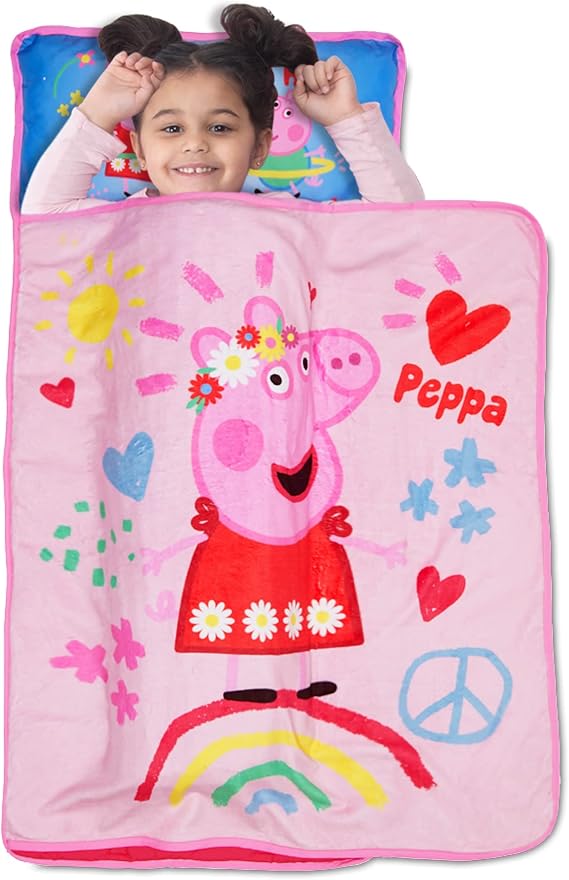 NoJo Peppa Pig I'm so Happy Toddler Nap Mat - Includes Attached Pillow and Fleece Blanket