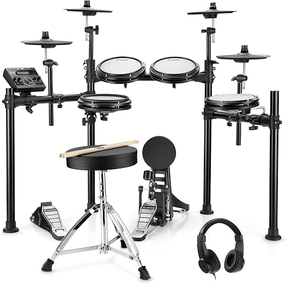 Donner DED-200 Electric Drum Set Electronic Drum Kit with 225 Sounds, More Stable Iron Metal Support, 5 Drums 4 Cymbals, Electric Drum, Audio Line, Drum Stick