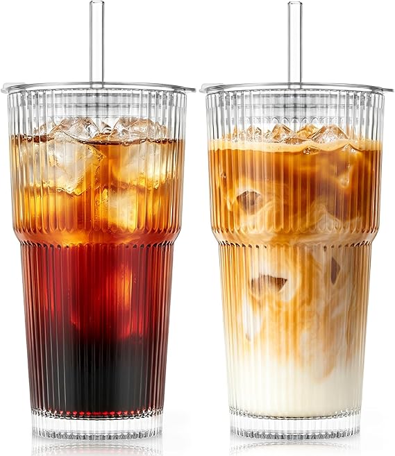 SoulTimes 600ml Glass Cups with Lids and Straws, Ribbed Glass Tumbler for Iced Coffee, Smoothie, Juice & Cold Drinks, Reusable Thick Glassware Set, Elegant Home & Travel Drinkware【2 Pack】