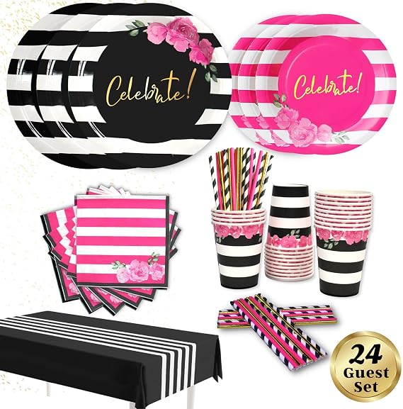 121 Pc Black and Pink Birthday Decorations, Tableware Set Serves 24