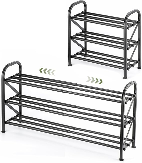 3 Tier Expandable Shoe Rack for Closet, Adjustable Small Shoe Organizer Storage, Heavy Metal Free Standing Narrow Shoe Racks for Entryway, Garage, Doorway Black 16"-33"