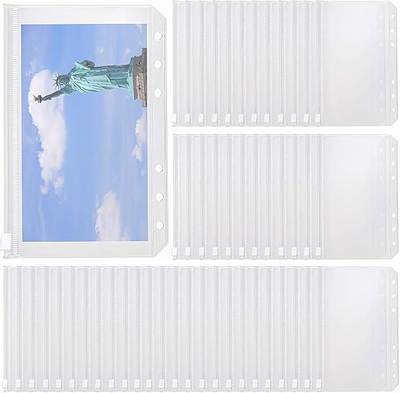 WUWEOT 50 Pack Binder Pockets A6 Size 6 Holes Zipper Binder Pouch Folders, Waterproof Zipper Loose Leaf Bags Clear Plastic Binder Envelopes for Documents Notebooks Cards