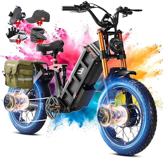 eAhora Juliet Pro 2 EBike - Dual Motor 5400W/1200W 30-43MPH 60V 70Ah 200Mile Long Range Electric Bike for Adults, 20'' Fat Tire Fast Electric Mountain Bike Full Suspension Electric Bicycle