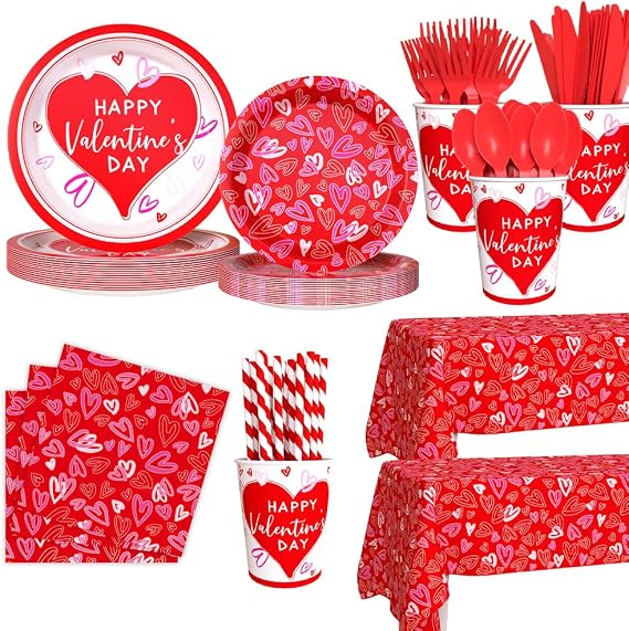 AIBIIN Happy Valentine's Day Party Supplies, Red Heart Love Disposable Paper Plates Napkins Cups plastic Tablecloth for Valentine's Day, Engagements, Anniversary, Party Serve 24