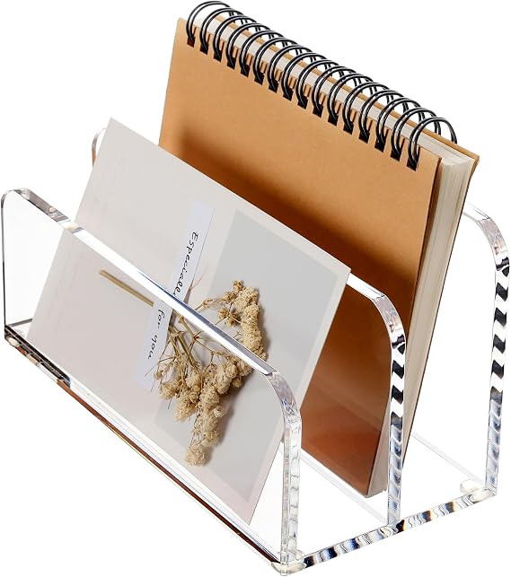 SANRUI Acrylic Mail Sorter Desktop Organizer Holder, 2 Compartments Clear | Small File Script Letter Office Document Storage for Desk Bill Filling Envelope Holder Office, Home, School Desk Organization