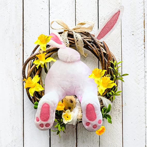 Easter Decorations Bunny Butt Easter Wreath Kit, DIY Cute Rabbit Ear Butt Wreath Attachment, Front Door Easter Decor, Spring Wreaths Kit for Outdoor Indoor Hanging Welcome Sign Home and Porch (White)