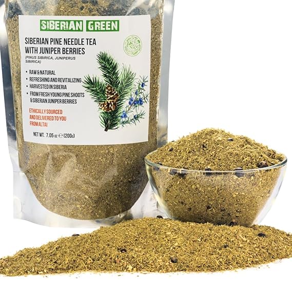 Siberian Green Pine Needle Tea Loose Powder with Juniper Berries 200g (7.05oz) Wild Harvested Pinus Sibirica Juniperus