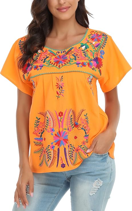 YZXDORWJ Women's Embroidered Tops Mexican Peasant Blouse Cotton Boho Tunic