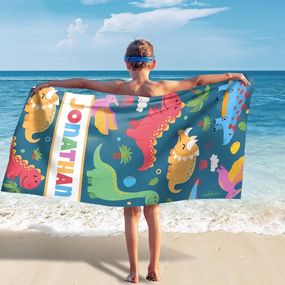 Hoomall Personalized Beach Towels for Boys Custom Name Pool Towels Colorful Dinosaur Bath Towel Microfiber Quick-Dry Beach Towels for Kids Gift for School Company Party | Colorful Dinosaur Beach Towel, Microfiber Quick-Dry Kids Bath Towels, Beach Towels for School Company Party
