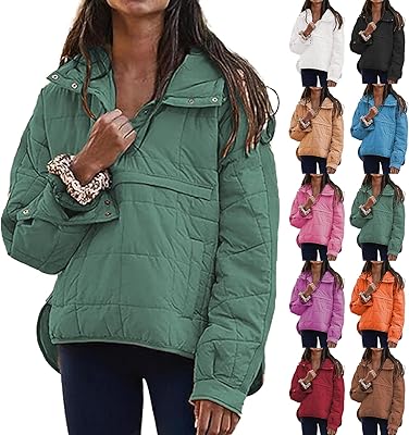 Quilted Puffer Jacket Women Lightweight Pullover Hoodie Warm Winter Down Jackets Quarter Button Casual Padded Coats