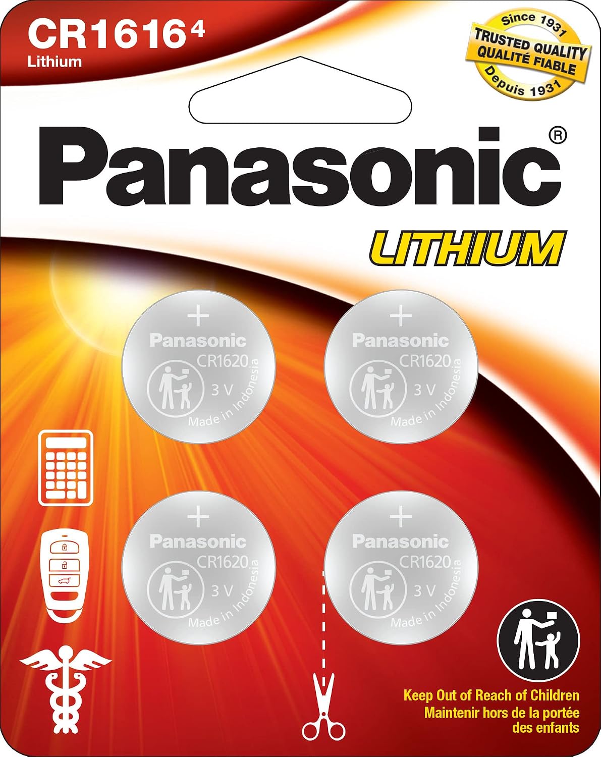 Panasonic CR1616 3.0 Volt Long Lasting Lithium Coin Cell Batteries in Child Resistant, Standards Based Packaging, 4-Battery Pack