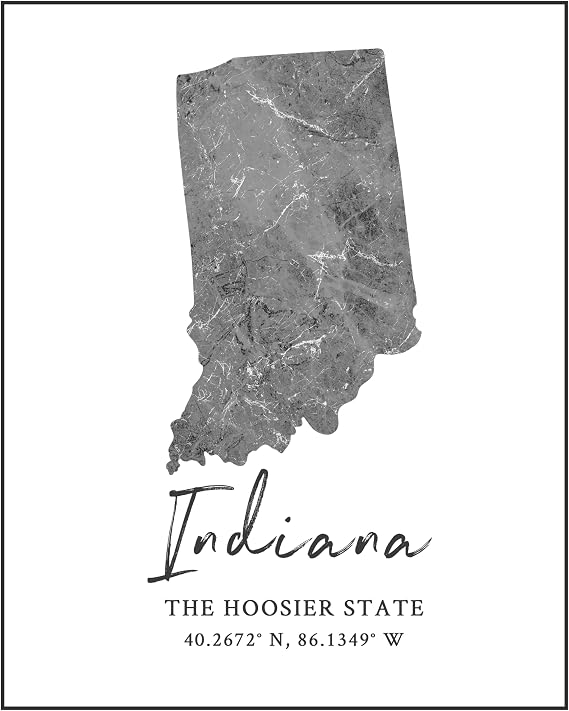 Indiana State Map Wall Art Print - 8x10 Silhouette Decor Print with Coordinates. Makes a Great Hoosier State-Themed Gift. Shades of Grey, Black & White.