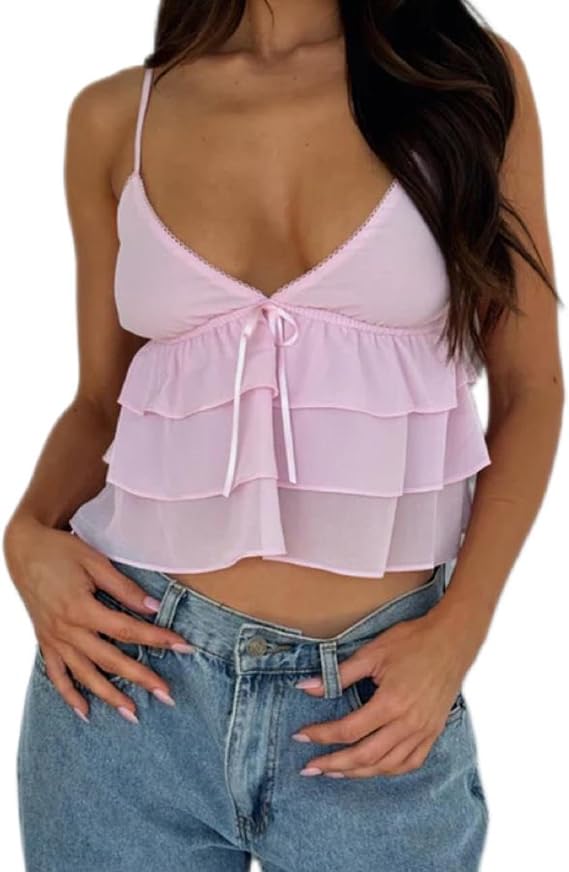 Women Y2k Lace Trim Cami Top Spaghetti Strap Sheer Mesh V Neck Camisole Summer Sexy Backless Tank Tops Outfits