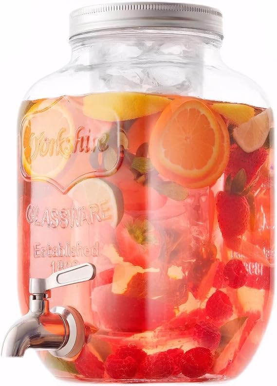 Glass Drink Dispenser with Stainless Steel Tap 3.7L Leak Proof Beverage Dispenser with Ice Core, Easy Filling Wide Mouth Glass Jug Cocktail Accessories, Mason Jar Water Dispenser & Metal Lid