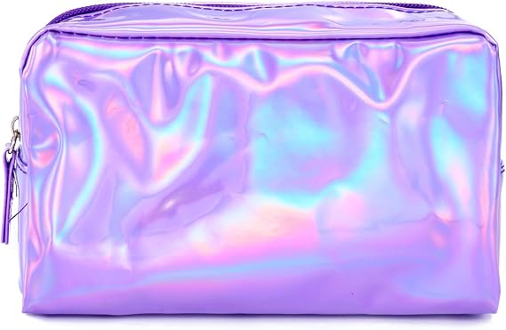Teensery PU Leather Holographic Makeup Pouch Cosmetic Bag Waterproof Toiletries Organizer Pen Bag for Women and Girls (Purple)