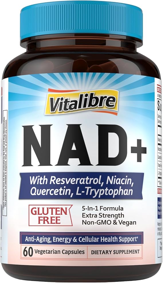 Vitalibre NAD Resveratrol Supplement with Niacinamide, Quercetin, L-Tryptophan NMN Alternative, NAD Supplements for Women, Non-GMO, 60 Capsules