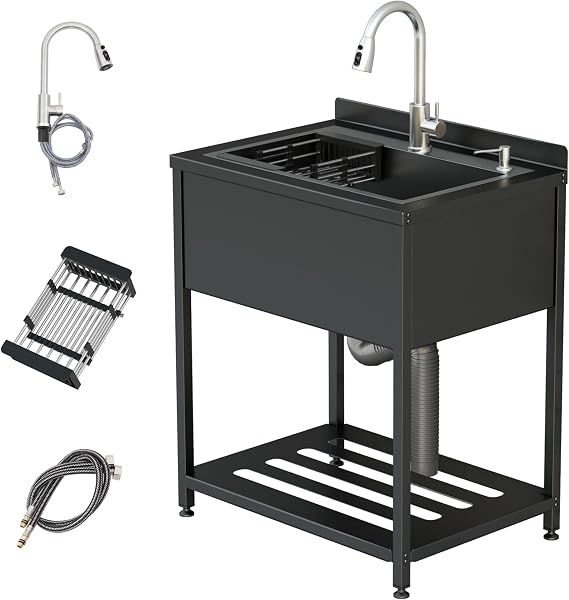 Stainless Steel Utility Sink, 25.7" 20.7" 39.5"Freestanding Sink with Cold and Hot Water Faucet,Hoses and Drain Kit for Kitchens, Bathrooms, Garage, Laundry Room