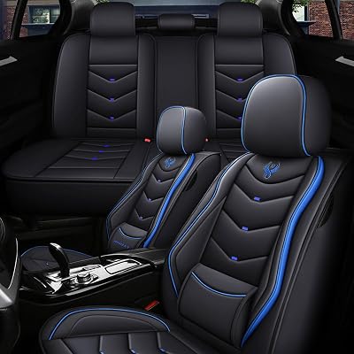 5 Seat Covers for Nissan Rogue 2014-2026 Leather Waterproof Breathable Car Seat Covers, Interior Accessories Seat Cover Cushion Airbag Compatible Black&Blue, Standard