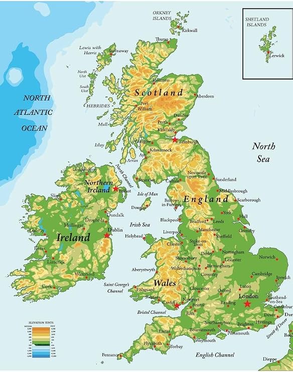 British Isles Map Poster United Kingdom UK Ireland Scotland Topographical City Atlantic Ocean Cool Wall Art Print Poster 24x36