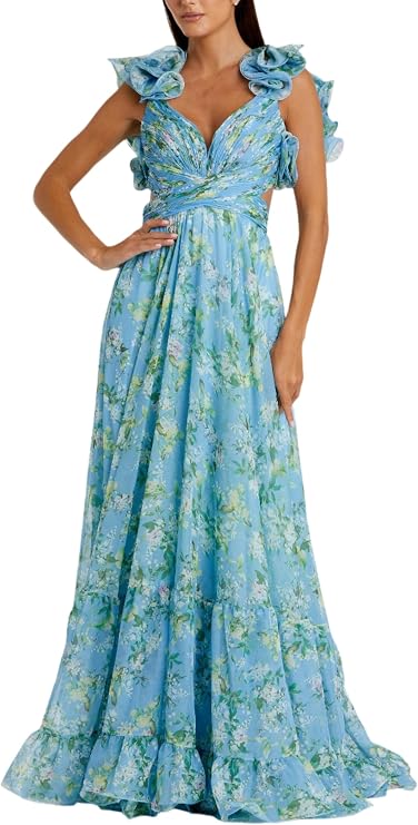 Ruffle Tiered Floral Cut-Out Chiffon Gown