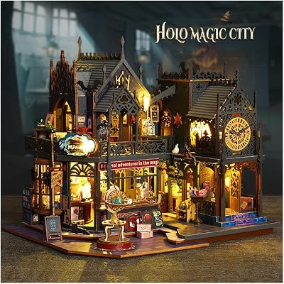 DIY Miniature Dollhouse Kit Magic Castle,Tiny House to Build Live in,Mini Handmade Unzip 3D Wooden Puzzle Furnishing Decor Model with Dust Cover and MusicES012-Holo Magic City