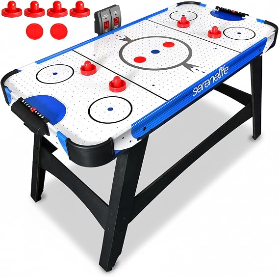 SereneLife 58in Powered Air Hockey Table Upgraded 700mA 12v 2X Powerful Motor, 4 Player 4 Pucks 2 Pushers, Full-Size Arcade Style, Inline Power Switch and Battery Free Digital LED Score Board