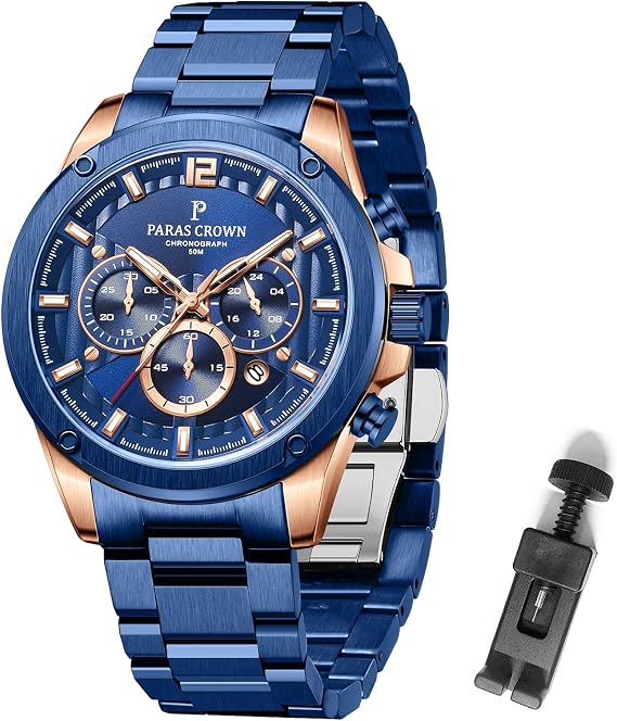 PC PARAS CROWN Men's Watches Fashion Luxury Quartz Waterproof Chronograph Wrist Watch for Men Silicone Strap Stainless Steel Case, blue, Sports, Fashion, Luxury, Casual