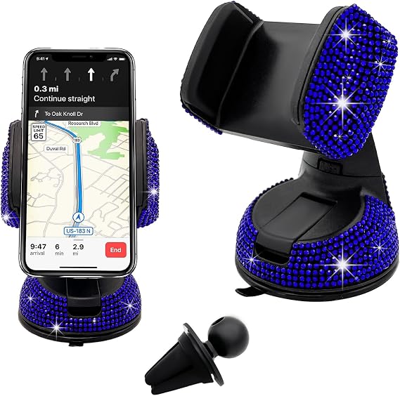Wevdn Phone Holder for Car, 360 Rotatable Sparkling Diamond Phone Mount with Suction Cup Base, Rhinestone Phone Holder for Dashboard Air Vent Windshield, Universal Car Accessories (Royal Blue)