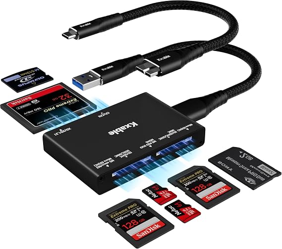 SD Card Reader 7 in 1, Kxable USB 3.0 Memory Card Reader/Writer 5Gbps, for SD/Micro SD/MS/CF/MMC/XD/SDHC/SDXC Camera Memory Card, Reader for Mac OS, Windows, Linux- with 2 USB A/C to Micro 3.0 Cables