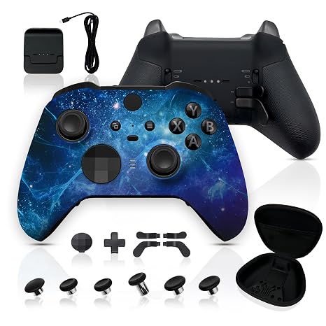 Silent Modz Custom Elite Series 2 Wireless Controller Compatible with Xbox Series X, Xbox Series S, Xbox One, Mobile & PC Starter Bundle Gaming Controller with Accessories & Case (Blue Nebula)