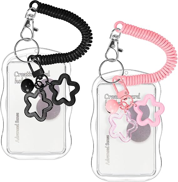 2 Pcs Photocard Holder, ID Badge Holder, Decorative Charms Card Holder with Star Clip Keychain for Office School Travel Card Photo Protector (Black+Pink)