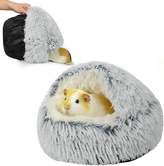 Soothing Guinea Pig Hideout, Doughnut Guinea Pig Bed with Hooded Cover, Washable Hamster Rabbit Bunny Bed, Washable Round Cave Beds for Small Animal Bunny Rabbit Hideout Grey