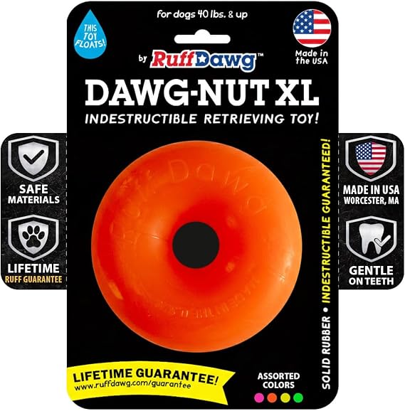 Ruff Dawg Dawg-Nut XL 4.5 Heavy-Duty Solid Rubber Donut Dog Chew Toy for Dogs 40 lbs & Up Floats & Bounces Made in USA Assorted Neon Colors