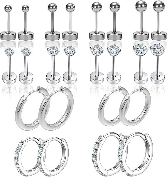 12 Pairs Flat Back Earrings Helix Piercing Jewellery Set, Silver Studs Earrings for Women Tragus Piercing Jewellery, Flat Back Studs Helix Earring Hoops for Women