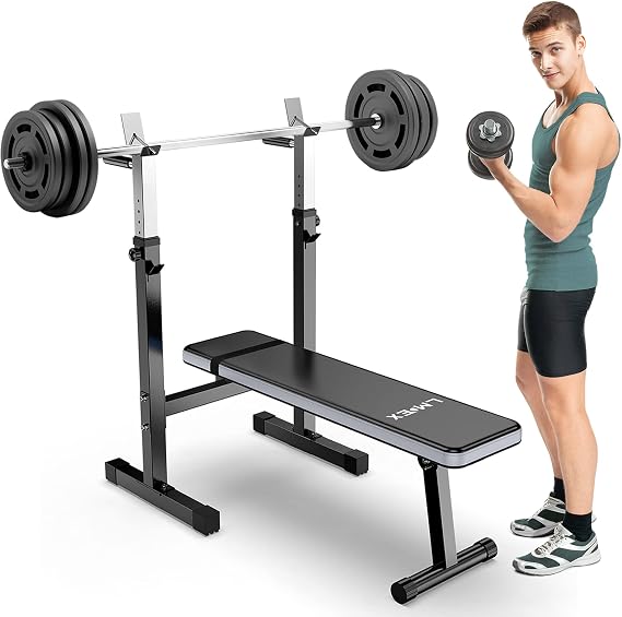 Adjustable Weight Bench Press with Squat Rack Foldable Multifunctional Dip Station Full Body Workout Home Gym Strength