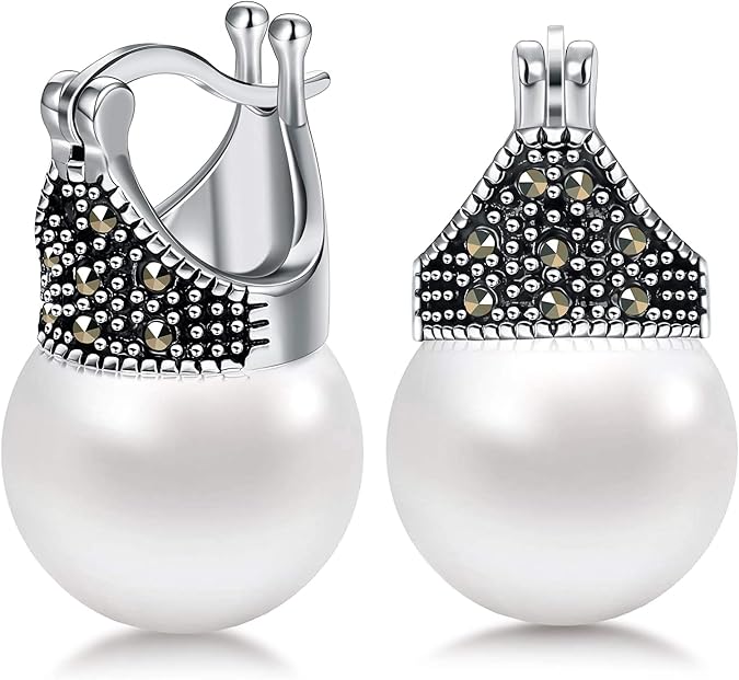MILACOLATO 925 Sterling Silver Pearl Earrings for Women 18K White Gold Plated Simulated Pearl Dangle Earrings Valentine's Day Mother's Day Love Jewelry Gifts for Women