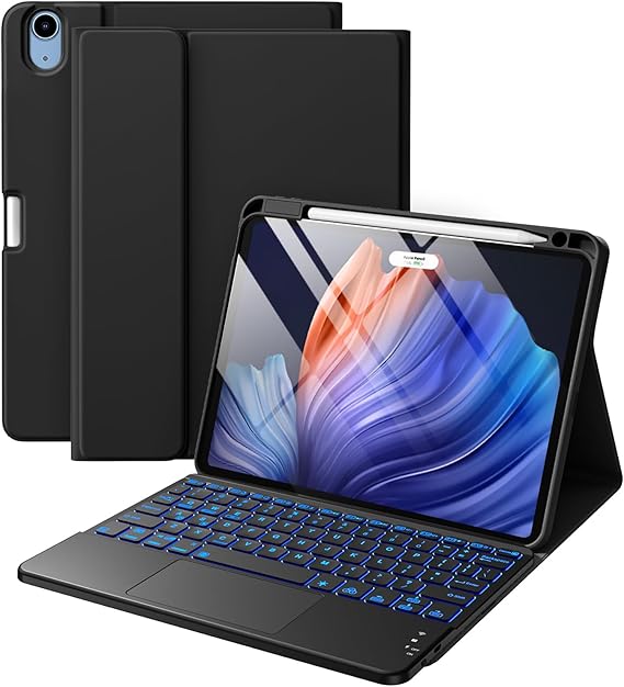 Harvopu for iPad Air 11 Inch & Air 5th/ 4th Generation Case with Keyboard | Multi-Touch Trackpad, 7-Color Backlit, Detachable Folio Keyboard Cover for Air 11-inch M4/M3/M2, Air 5/Air 4, Black