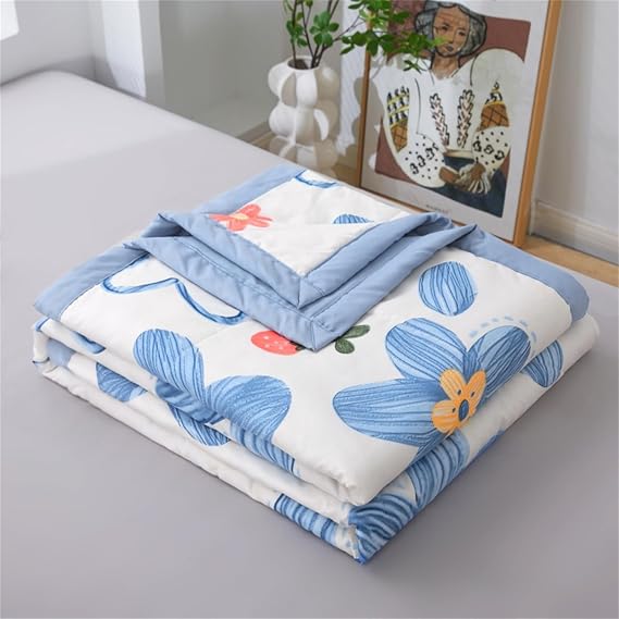Highdi Floral Pattern Reversible Bed Throws Quilted Bedspreads, Lightweight Patchwork Quilt Comforter Single Double, Cotton Throw Summer Quilt, Quilted Blanket for All Seasons (Blue,110x150cm)