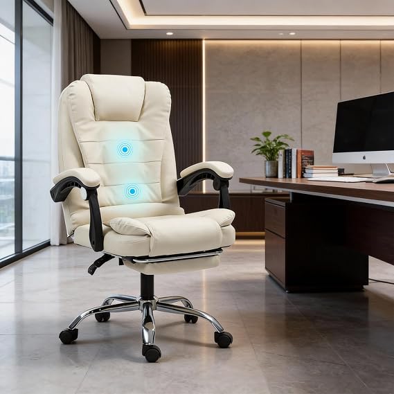 Office Chair Executive Office Chair With Footrest & Lumbar Support Ergonomic Recliner Computer Desk Chair Adjustable Back Rest Heavy Duty 360° Swivel Chair for Home (White, with 8 points massage)