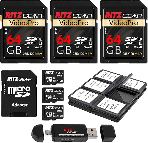 Ritz Gear 4K SDXC 64GB U3 V60 Memory Card 3-Pack +64GB V30 Extreme Performance MicroSDXC Memory Card 3-Pack with Vivitar 6 Panel SD Card Holder and Memory Card Reader