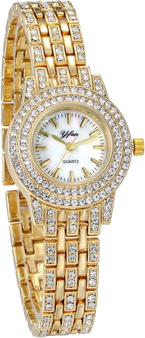 JewelryWe Women Watches Gold Tone Alloy Rhinestone Quartz Watch Stylish Bling Dress Watch Wristwatches for Mother's Day