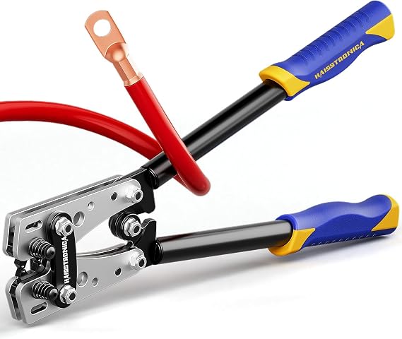 haisstronica Battery Cable Crimping Tool 8-1/0 AWG for Copper Lugs | Battery Terminal Crimper, Ratchet Mechanism, Extended Handles, Secure Battery Cable Connections, Automotive & Marine Use