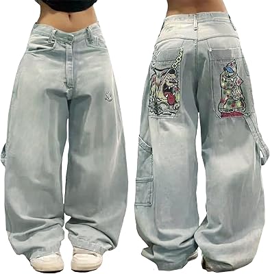 EMMIOL Women Boyfriends Hip Hop 90s Vintage Baggy Jeans Loose Denim Pants Mid-Low Waist Jeans