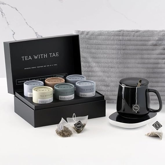 Luxury Tea Gift Set with Mug Warmer, Premium Tea Collection Box, Ceramic Mug, Optional Velvet Throw