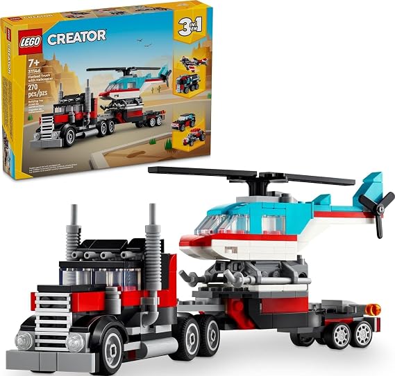LEGO Creator 3 in 1 Flatbed Truck with Helicopter Toy, Transforms from Flatbed Truck Toy to Propeller Plane to Hot Rod and SUV Cars, Gift Idea for Boys and Girls Ages 7 Years Old and Up, 31146
