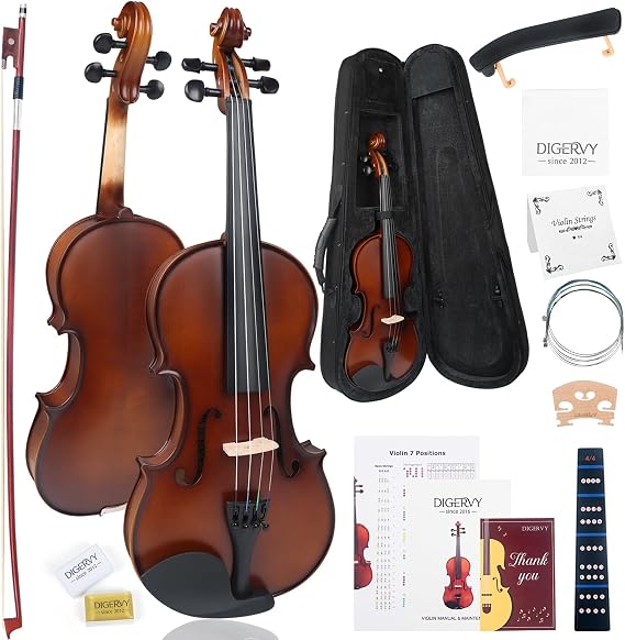 Violin 4/4 Full Size Kit, Solid Wood Acoustic Violin Fiddle Set for Beginner Adult Student Teen Kids with Violin Case, Rosewood Bow, Rosin, Shoulder Rest, Extra Strings and Bridge (Brown, Full)