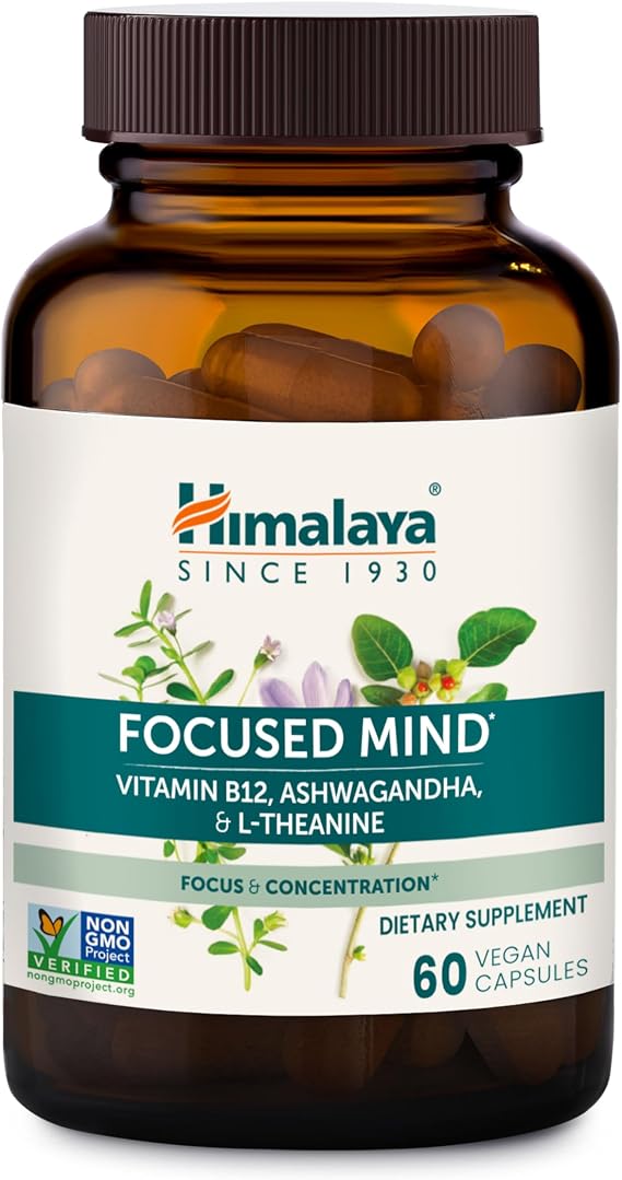Himalaya Focused Mind Supplement, with Ashwagandha, Bacopa & L-Theanine for Attention, Focus and Energy Support, 60 Vegan Capsules, Gluten Free, 1 Month Supply
