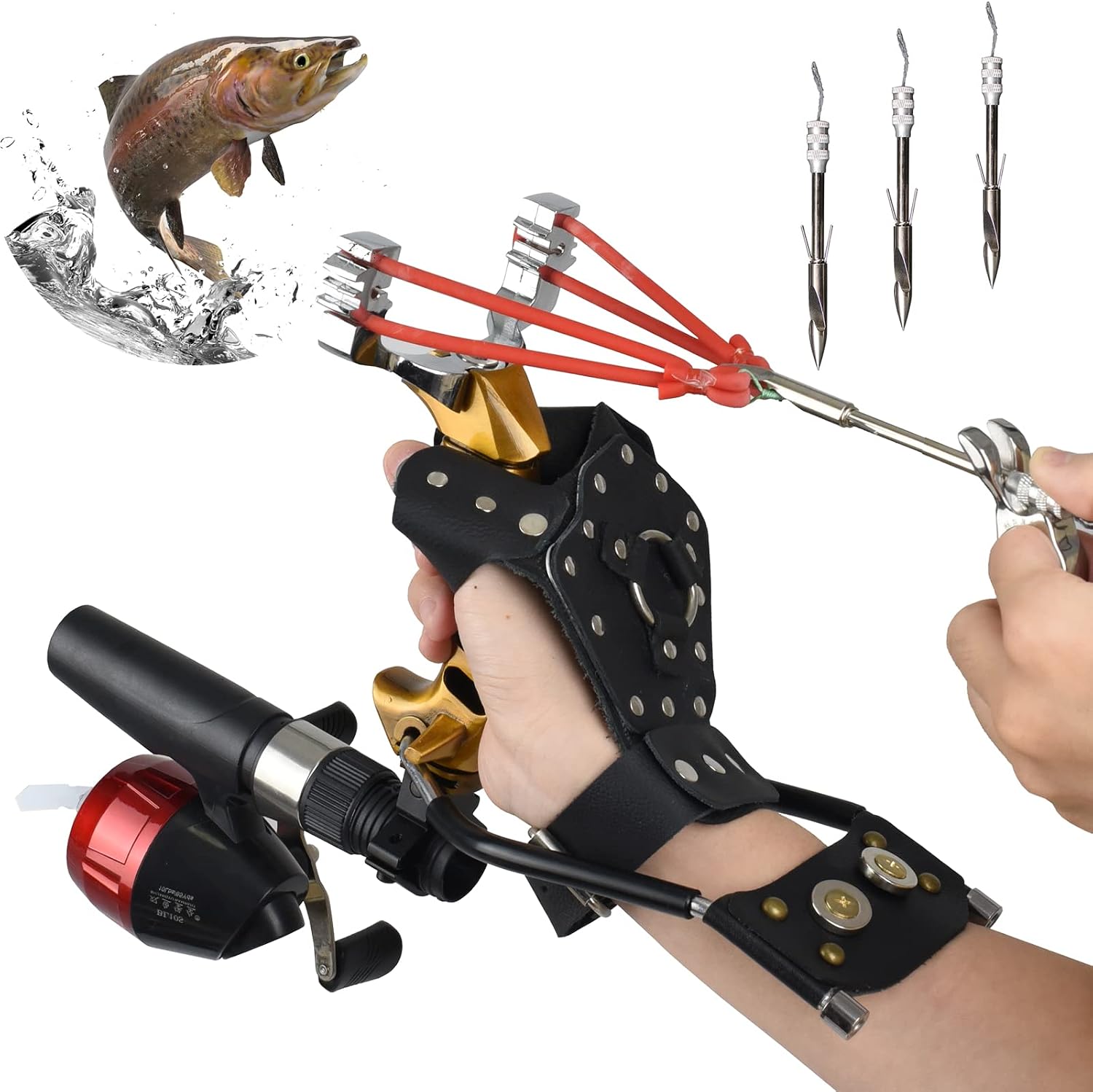 JTXCDFHMJFishing Slingshot Kit with Reel and 3 Arrowheads, Wrist Support Rocket Slingshot for Fishing and Hunting with Brace and Right Hand Guard, Gold
