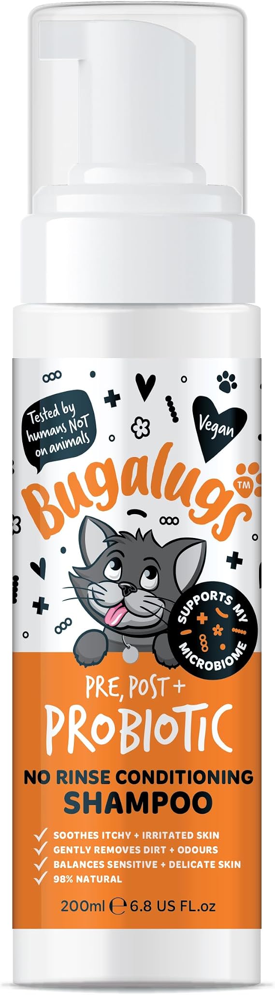 Bugalugs No Rinse Cat Shampoo for Itchy Skin with Prebiotics, Postbiotics & Probiotics for cats - kitten shampoo and cat shampoo for indoor cats for sensitive skin supports your pets Microbiome