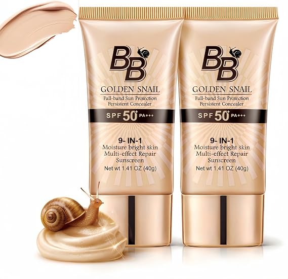 2PCS BB Cream Light SPF Tinted Moisturizer,Snail Tinted Moisturiser with High Coverage,BB Cream Light SPF 50+ Gold Snail Sunscreen,Foundation for Mature skin,Lig/ht for All Skin Types(Natural Color)